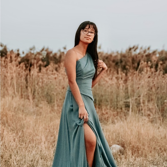 Chic One-Shoulder Teal Dress - Picture 4 of 4